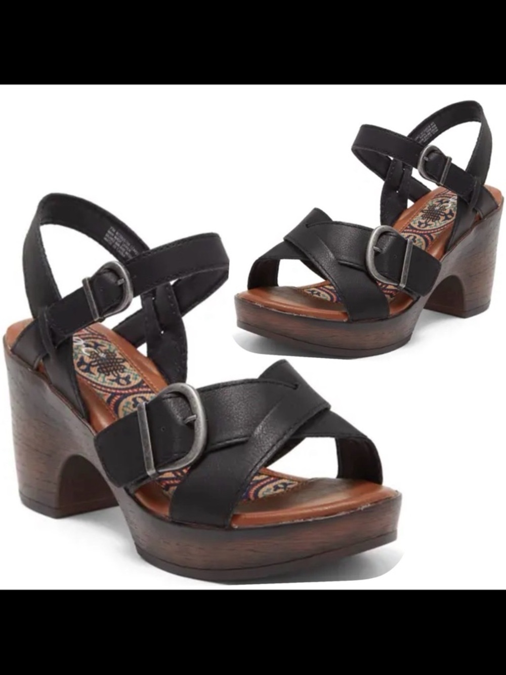 NEW b.o.c. Garnet Comfort Platform Sandals - Black Upper Wood Grain Heel Sz.10